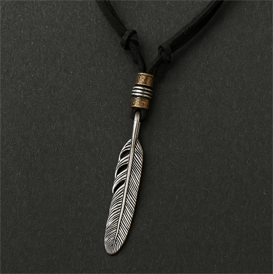 THE MEN THING Leather Necklace HAWK FEATHER - Titanium Steel Pendant with Adjustable Rope Chain for Men & Boys