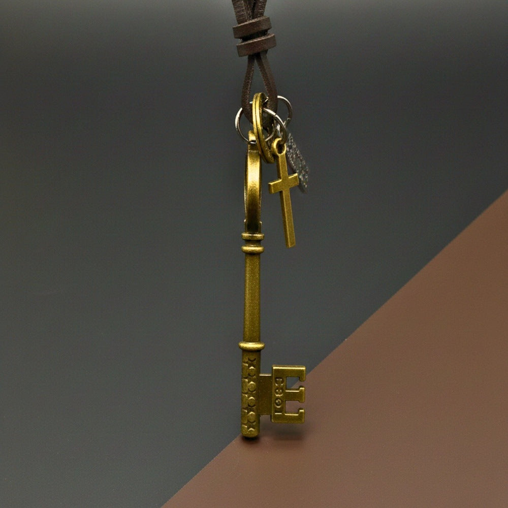 THE MEN THING Leather Necklace KEY OF VALOR – 3-Inch Pure Stainless Steel Pendant with Adjustable Leather Rope for Men & Boys