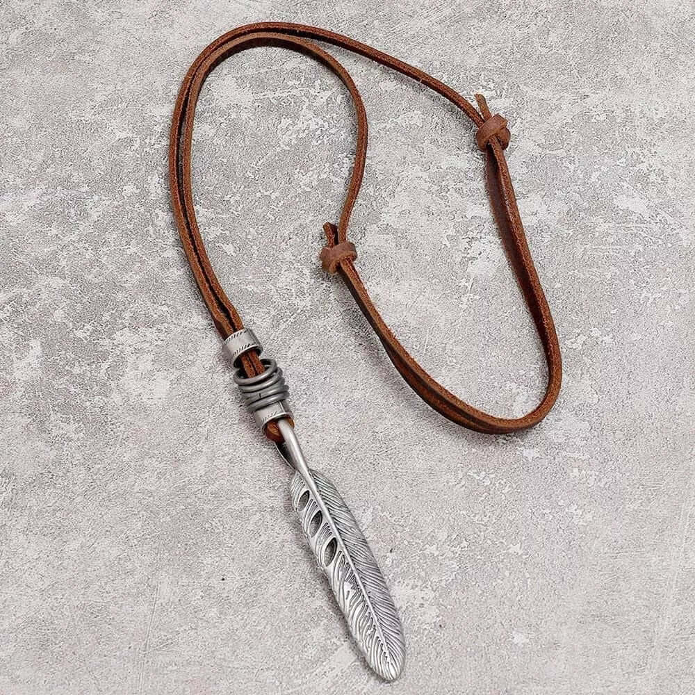 THE MEN THING Leather Necklace MAYAN FREEDOM BROWN - Vintage Alloy Feather Pendant with Adjustable Pure Leather Cord Necklace for Men & Boys