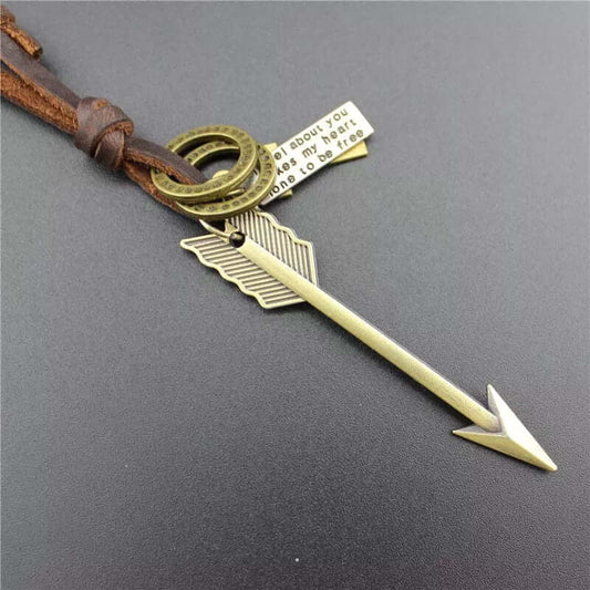THE MEN THING Leather Necklace PIERCING HEART - Vintage Alloy Golden Arrow Pendant with Adjustable Pure Leather Cord Necklace for Men & Boys