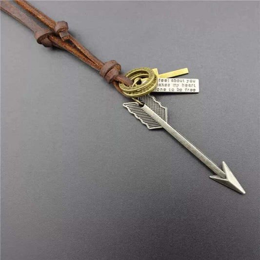 THE MEN THING Leather Necklace PIERCING HEART - Vintage Alloy Silver Arrow Pendant with Adjustable Pure Leather Cord Necklace for Men & Boys
