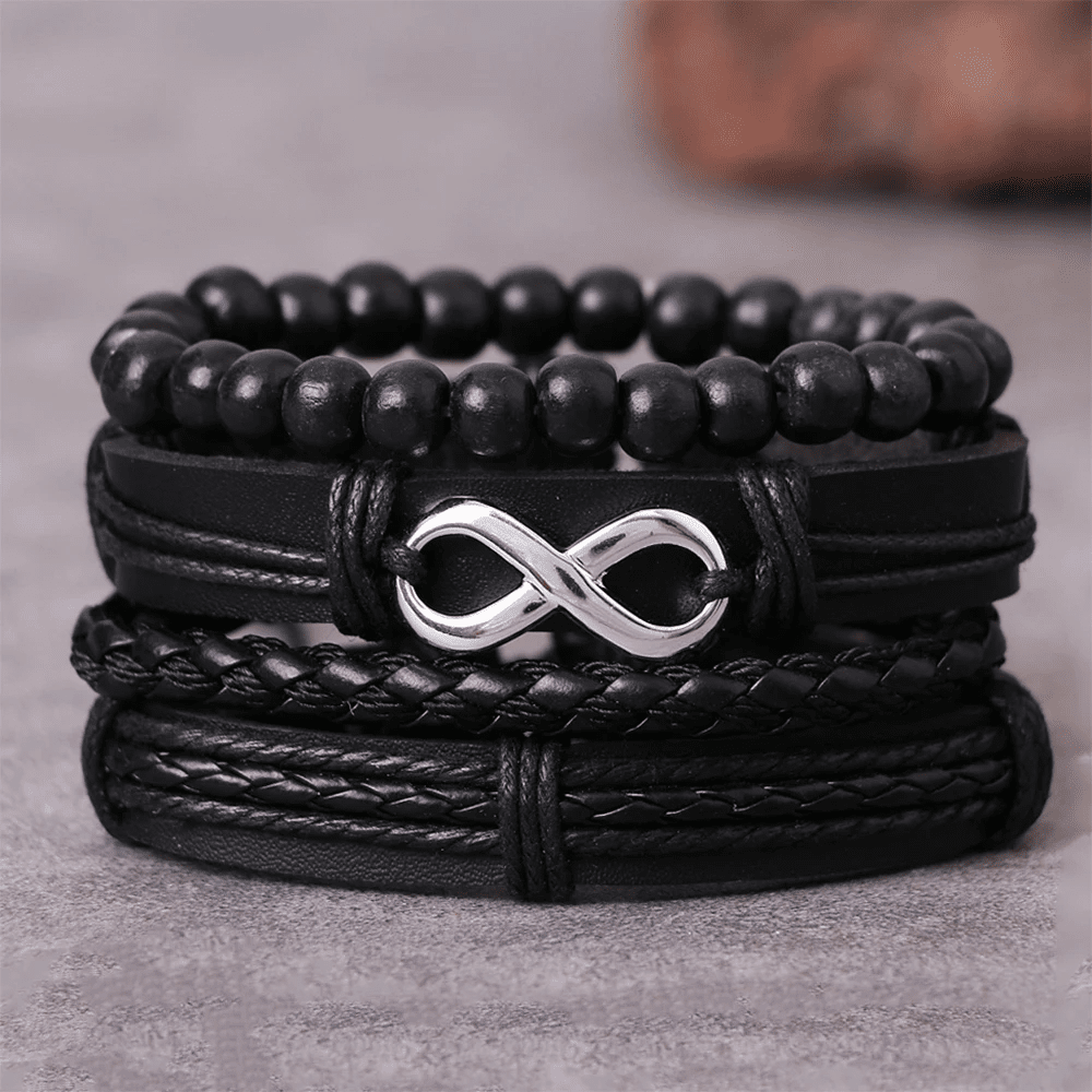 THE MEN THING Leather Necklace QUADRA-FUSION INFINITY SILVER - 4 Pcs Black Genuine Braided Leather Bracelet Set, Tribal Woven Ethnic Wrap Infinity Bracelet for Men & Boys (8 inch)