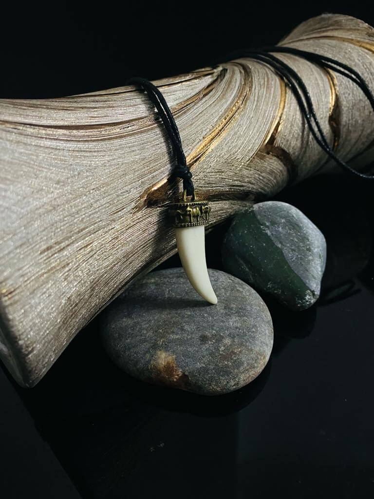 THE MEN THING Leather Necklace REGAL CROWN - Faux Ivory Tusk Pendant, Antique Gold Crown with Black Cotton Cord Adjustable Necklace for Men and Boys.