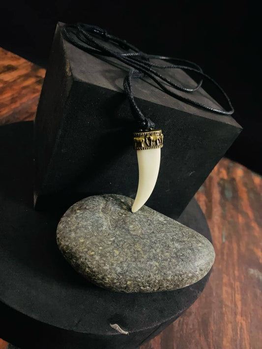 THE MEN THING Leather Necklace REGAL CROWN - Faux Ivory Tusk Pendant, Antique Gold Crown with Black Cotton Cord Adjustable Necklace for Men and Boys.