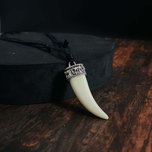 THE MEN THING Leather Necklace REGAL CROWN - Faux Ivory Tusk Pendant, Antique Silver Crown with Black Cotton Cord Adjustable Necklace for Men and Boys.
