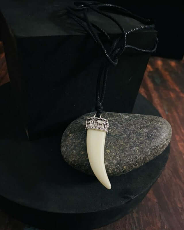 THE MEN THING Leather Necklace REGAL CROWN - Faux Ivory Tusk Pendant, Antique Silver Crown with Black Cotton Cord Adjustable Necklace for Men and Boys.