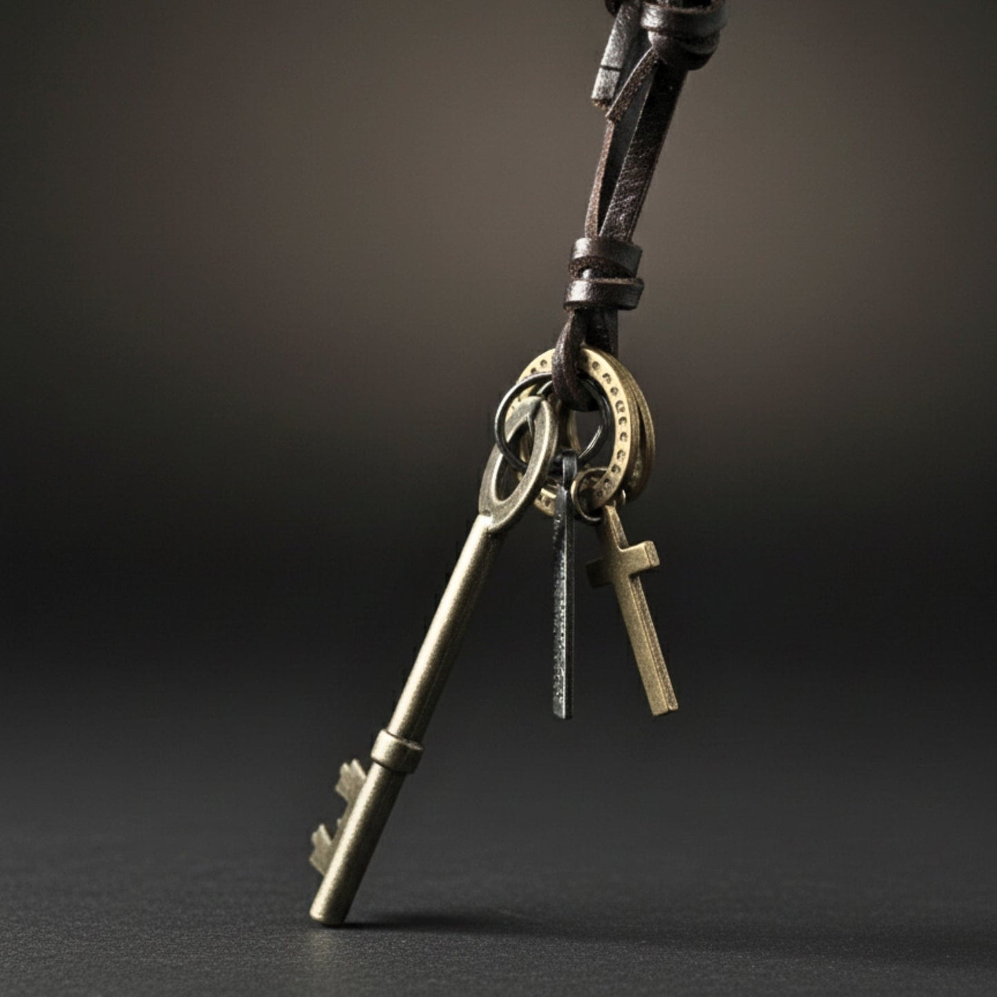 THE MEN THING Leather Necklace SILVER KEY OF FAITH – 2.5-Inch Pure Stainless Steel Pendant with Adjustable Leather Rope for Men & Boys