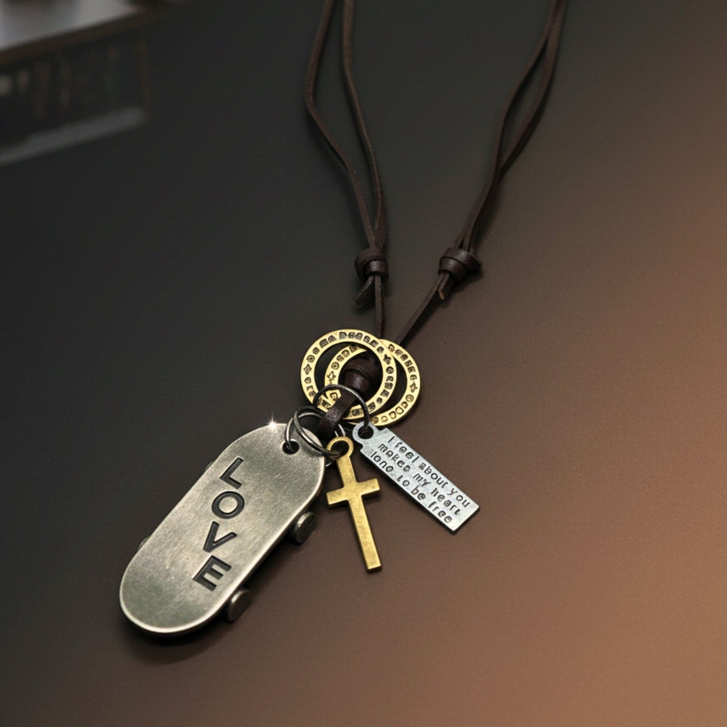 THE MEN THING Leather Necklace SILVER SKATE LOVE – 2-Inch Pure Stainless Steel Pendant with Adjustable Brown Leather Rope for Men & Boys