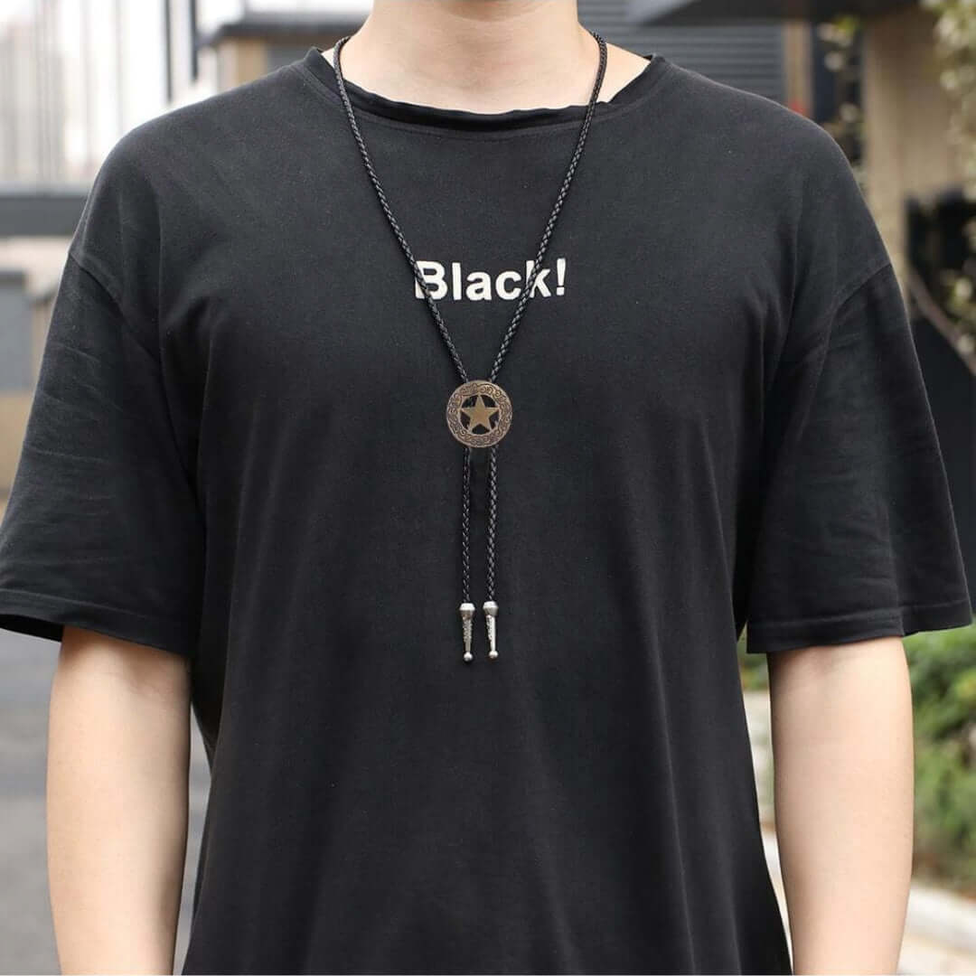 THE MEN THING Leather Necklace STELLAR STAR - Retro Alloy Pendant Bolo Tie | Adjustable Genuine Leather Cowboy Necktie Necklace for Men & Boys