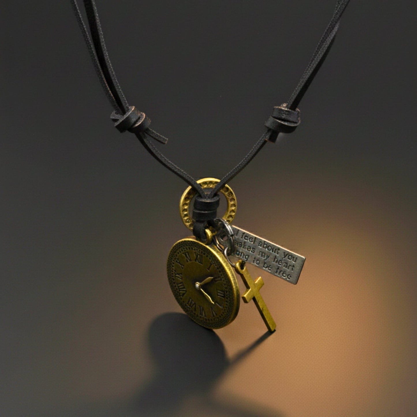 THE MEN THING Leather Necklace TIMELOCK – 1.2-Inch Pure Stainless Steel Pendant with Adjustable Leather Rope for Men & Boys