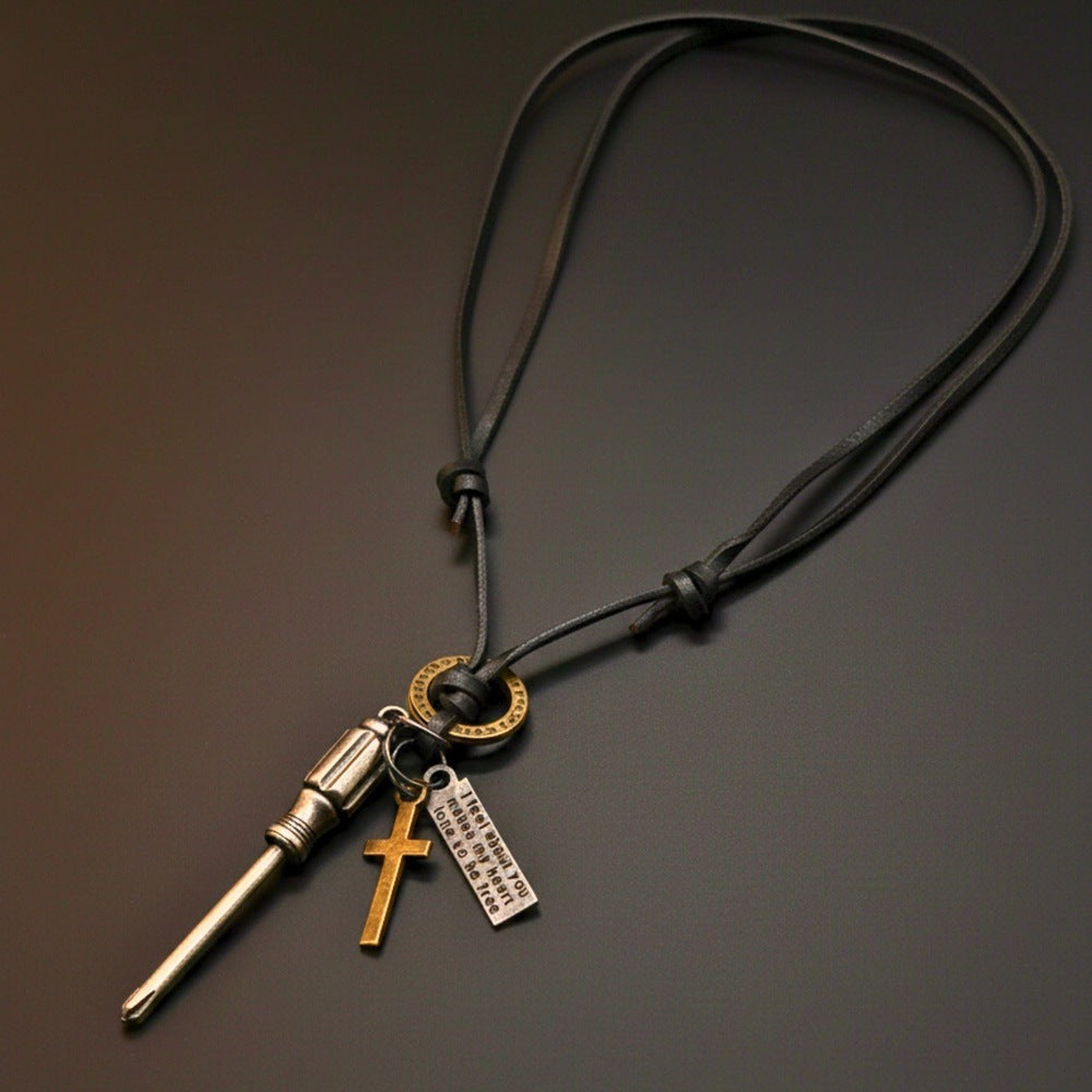 THE MEN THING Leather Necklace TOOL OF FAITH – 2.5-Inch Pure Stainless Steel Pendant with Adjustable Leather Rope for Men & Boys