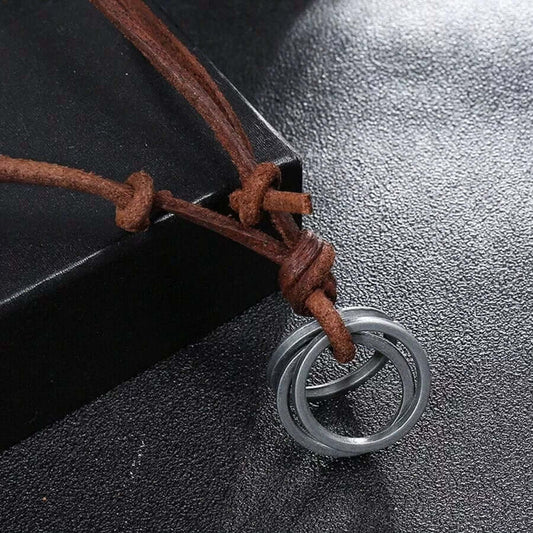 THE MEN THING Leather Necklace TRIWHEEL BROWN - Vintage Alloy Wind Round Pendant with Adjustable Pure Leather Cord Necklace for Men & Boys