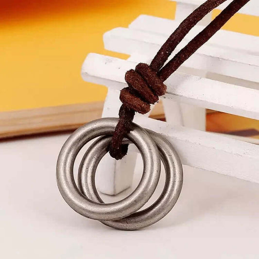THE MEN THING Leather Necklace TWIN WHEEL BROWN - Vintage Alloy Double Circle Pendant with Necklace Cord for Men & Boys