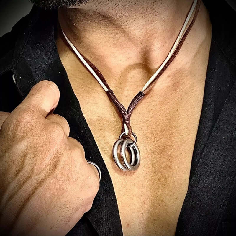 TWIN WHEEL TWO COLOUR Vintage Alloy Double Ring Pendant with Pure Leather Cord Necklace for Men Boys