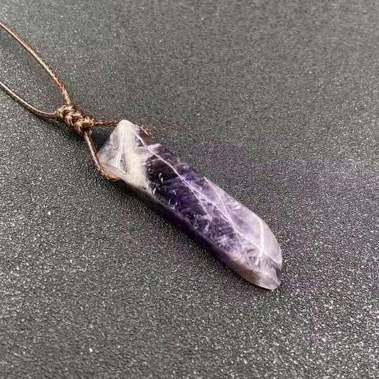 THE MEN THING Leather Necklace VIOLET APEX - Natural Crystal Unshaped Pendant with Adjustable Rope Chain for Men and Boys