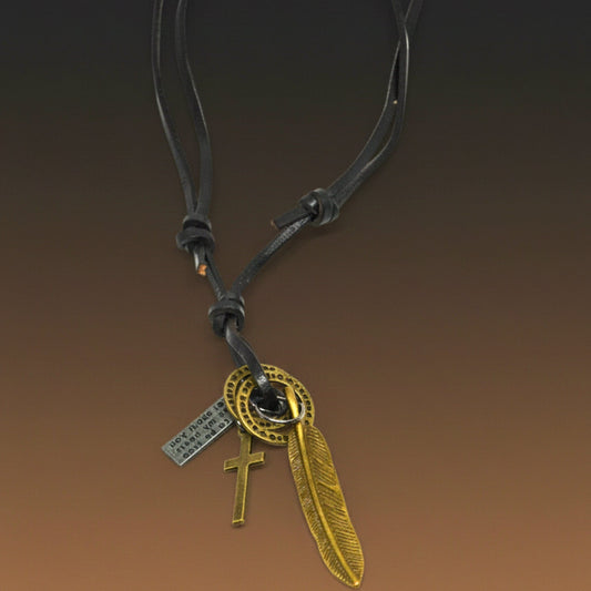 THE MEN THING Leather Necklace WANDERER’S FAITH - Brass Gold – 2.3-Inch Pure Stainless Steel Pendant with Adjustable Leather Rope for Men & Boys