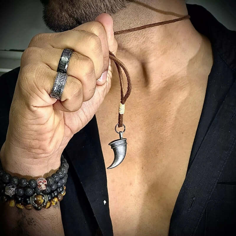 WARRIOR TOOTH BROWN Vintage Alloy Claw Pendant with Adjustable Pure Leather Cord Necklace for Men Boys