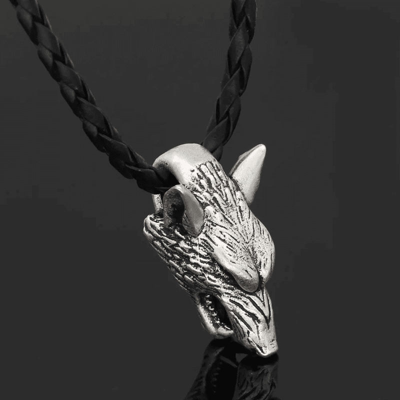 THE MEN THING Leather Necklace WOLF HEAD SILVER - Alloy Pendant with 24inch Leather Cord Chain for Men & Boy