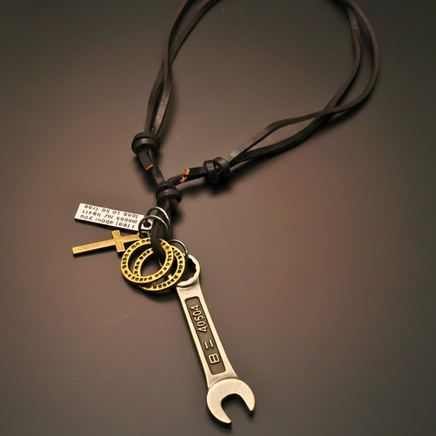 THE MEN THING Leather Necklace WRENCH OF FAITH – 2.5-Inch Pure Stainless Steel Pendant with Adjustable Leather Rope for Men & Boys