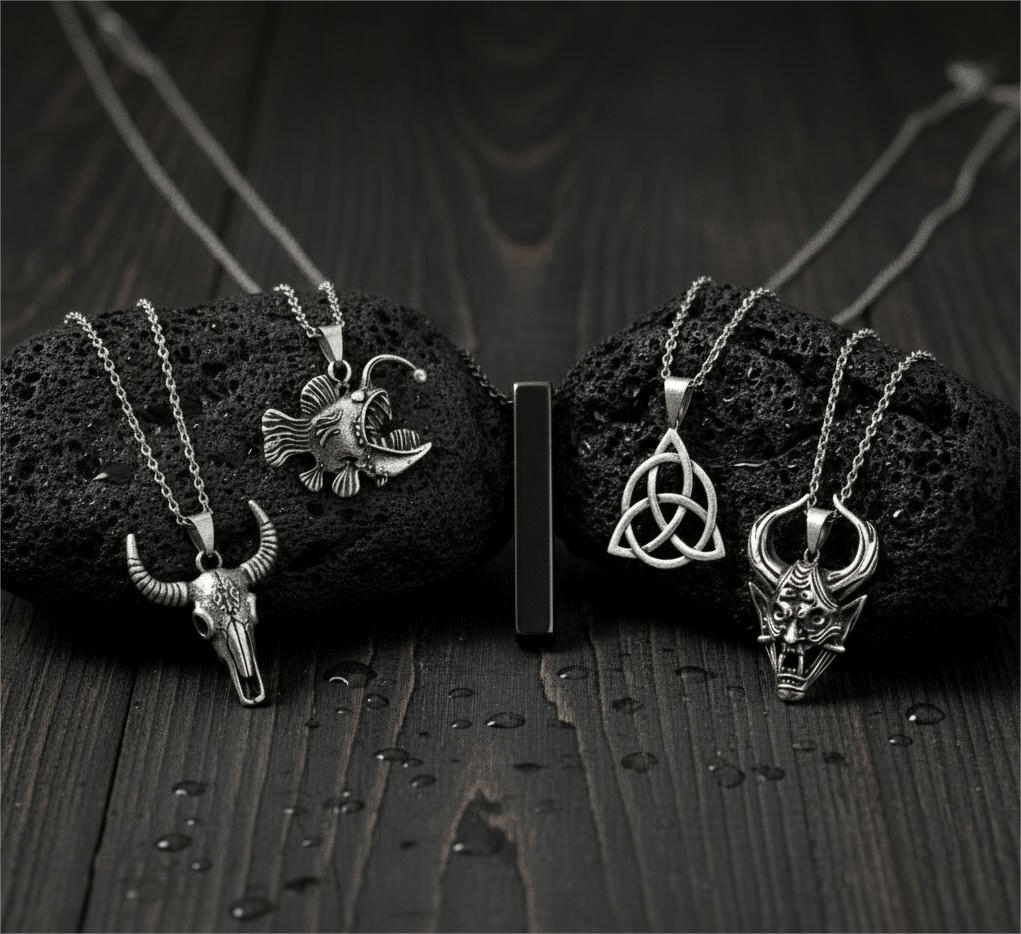 THE MEN THING Necklace FATE WEAVER Collector's 5-Piece Pendant Set – TRINITY KNOT, DEMON TALISMAN, SHEEP HORN, FURIOUS FISH, & SLEEK BLACK Necklaces on 24 Inch Stainless Steel Chain for Mens and Boys