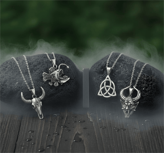 THE MEN THING Necklace FATE WEAVER Collector's 5-Piece Pendant Set – TRINITY KNOT, DEMON TALISMAN, SHEEP HORN, FURIOUS FISH, & SLEEK BLACK Necklaces on 24 Inch Stainless Steel Chain for Mens and Boys