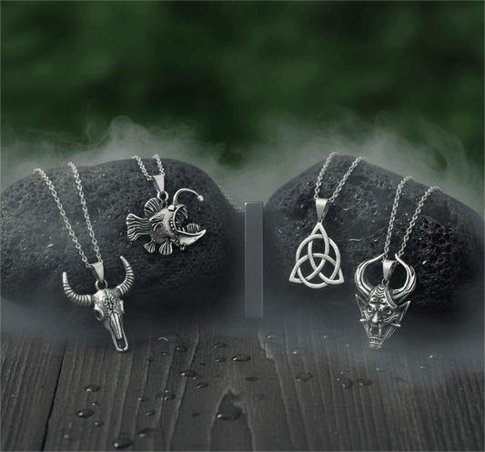 THE MEN THING Necklace FATE WEAVER Collector's 5-Piece Pendant Set – TRINITY KNOT, DEMON TALISMAN, SHEEP HORN, FURIOUS FISH, & SLEEK BLACK Necklaces on 24 Inch Stainless Steel Chain for Mens and Boys