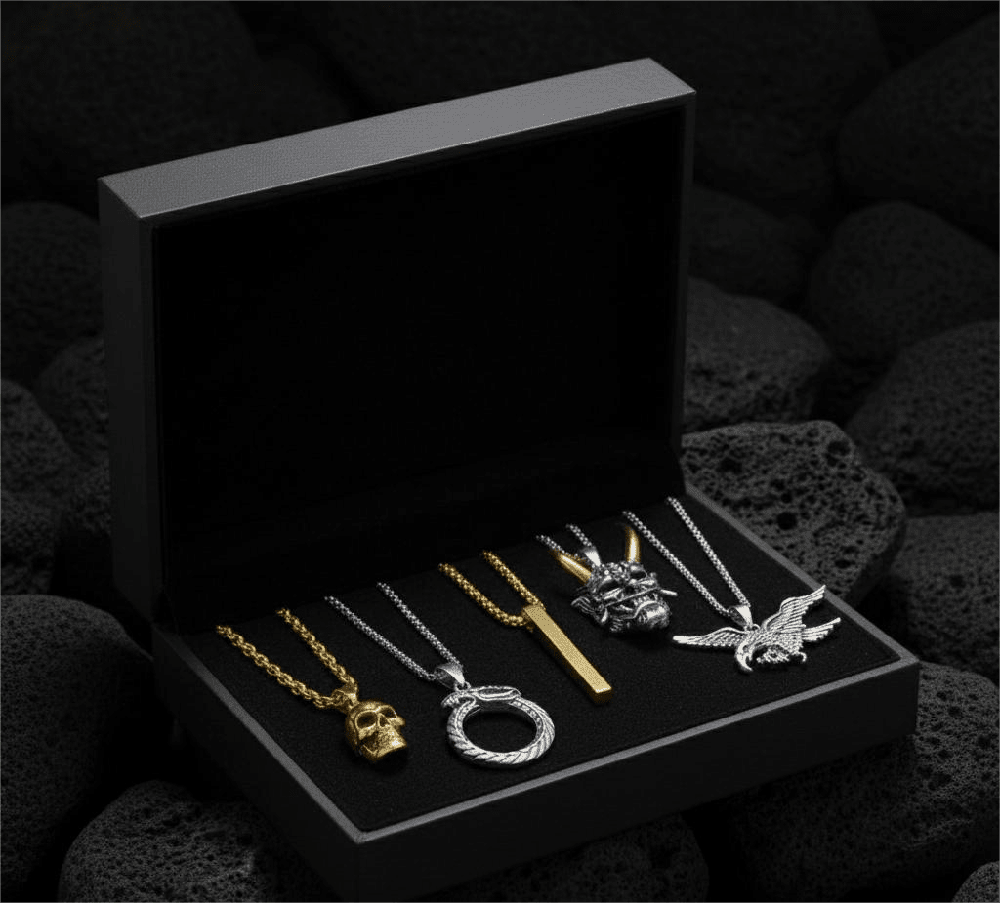THE MEN THING Necklace PREDATOR’S HOARD High Value 5-Piece Men’s Pendant Set – EAGLE - HUNTER, GILD SKULL, SERPENT OF ETERNITY, GOLDEN HORN, & SLEEK GOLD Necklaces on 24 Inch Stainless Steel Chain for Mens and Boys