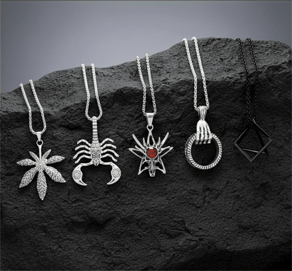 THE MEN THING Necklace PREDATOR'S REGALIA Collector's 5-Piece Symbolic Pendant Set – KINGSCRÒP, WILD HUNT, CLAW HAND, HEMP-LEAF, & TRESQUARE BLACK Necklaces on 24 Inch Stainless Steel Chain for Mens and Boys