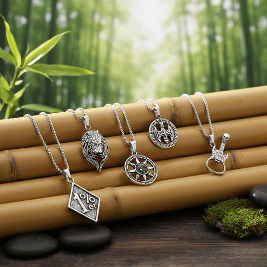 THE MEN THING Necklace ROADIE’S ARSENAL High Stakes 5-Piece Collector's Pendant Set – SKULL GUITAR, VINTAGE AXE, RUBY FOX, DIRECTIONAL STAR, & 1% - PENDANT Necklaces on 24 Inch Stainless Steel Chain for Mens and Boys