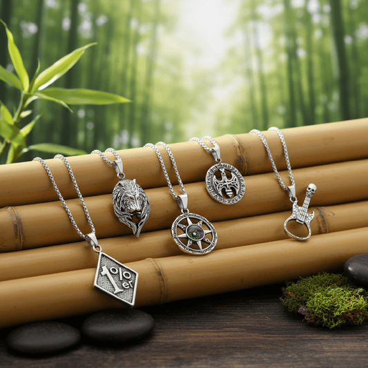 THE MEN THING Necklace ROADIE’S ARSENAL High Stakes 5-Piece Collector's Pendant Set – SKULL GUITAR, VINTAGE AXE, RUBY FOX, DIRECTIONAL STAR, & 1% - PENDANT Necklaces on 24 Inch Stainless Steel Chain for Mens and Boys