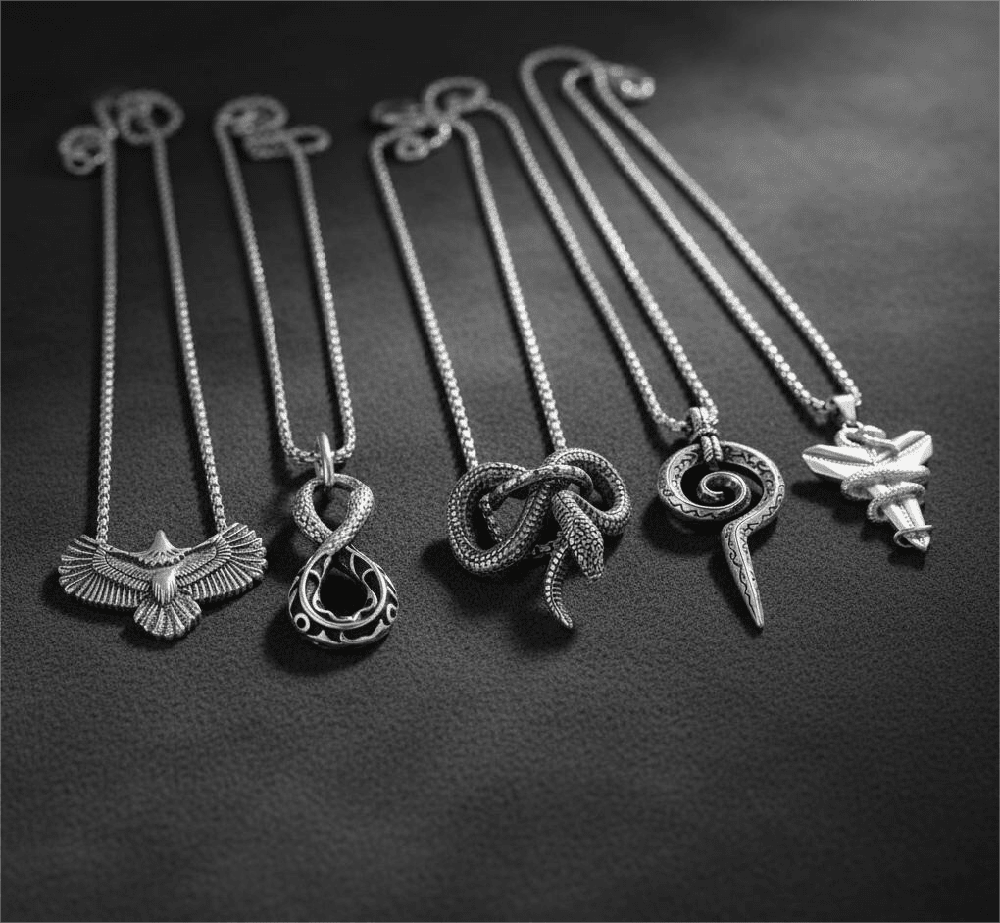 THE MEN THING Necklace SHARP ARSENAL Collector's 5-Piece Strategic Pendant Set – SPIRAL WEAPON, WINGSPAN, SILVER MAMBA, FURIOUS INFINITY SNAKE, & INFINITY SNAKE Necklaces on 24 Inch Stainless Steel Chain for Mens and Boys