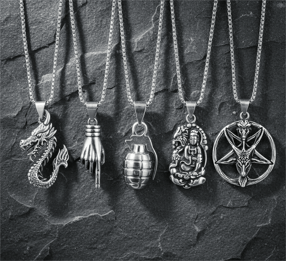 THE MEN THING Necklace Wild Card 5-Piece Pendant Pack – Dragon Fire, Stellar Goat, Grenade, Gesture, & Roaring Peace Necklaces With 24 Inch Stainless Steel Chain for Men & Boys