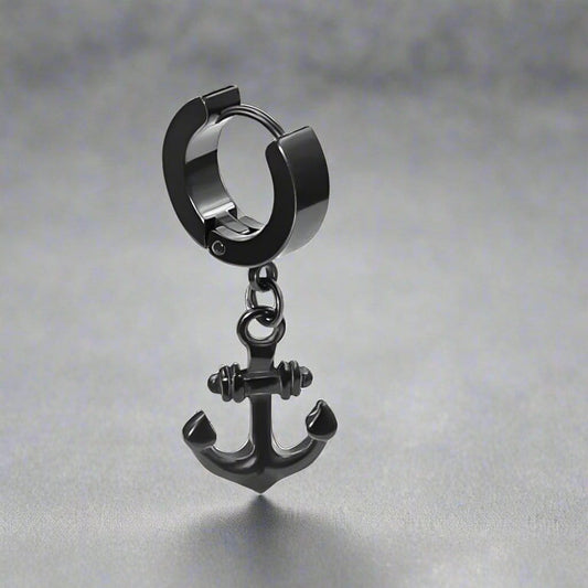 THE MEN THING Nose & Ear Ring Pair (Both Ears) AQUALOCK ANCHOR BLACK - Pure Titanium Steel Ear Hoop Earrings for Men & Boys (2 Pcs)