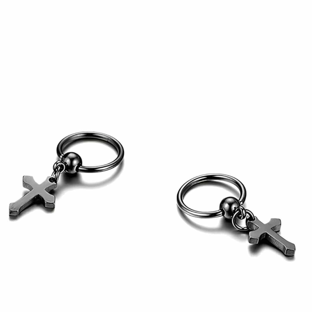 THE MEN THING Nose & Ear Ring Pair (Both Ears) ARCADIA BLACK CROSS DROPS - Titanium Steel Hoop Earrings for Men & Boys (2 Pcs)