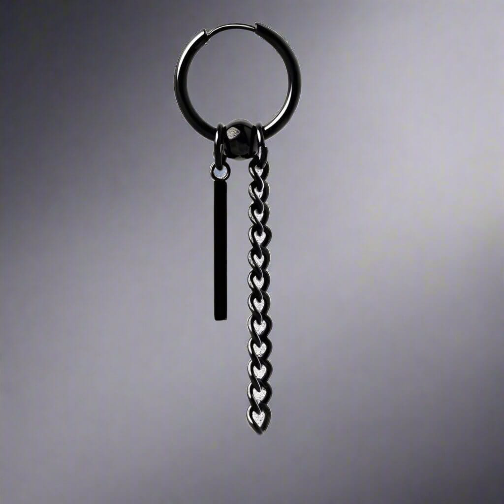 THE MEN THING Nose & Ear Ring Pair (Both Ears) CHAIN AND BAR HUGGIE HOOP BLACK - Pure Titanium Steel Ear Hoop Earrings for Men & Boys (2 Pcs)