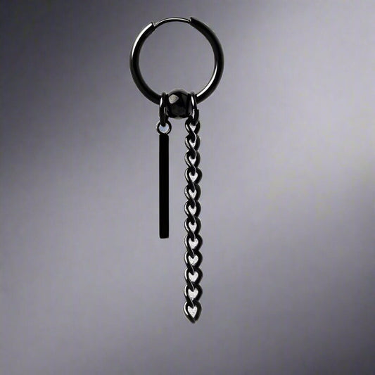 THE MEN THING Nose & Ear Ring Pair (Both Ears) CHAIN AND BAR HUGGIE HOOP BLACK - Pure Titanium Steel Ear Hoop Earrings for Men & Boys (2 Pcs)