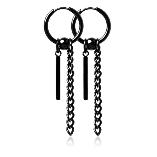 THE MEN THING Nose & Ear Ring Pair (Both Ears) CHAIN AND BAR HUGGIE HOOP BLACK - Pure Titanium Steel Ear Hoop Earrings for Men & Boys (2 Pcs)