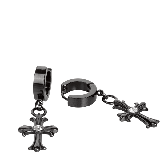 THE MEN THING Nose & Ear Ring Pair (Both Ears) CROSS CIRCLE BLACK - Titanium Steel Hoop Earrings for Men & Boys (2 Pcs)
