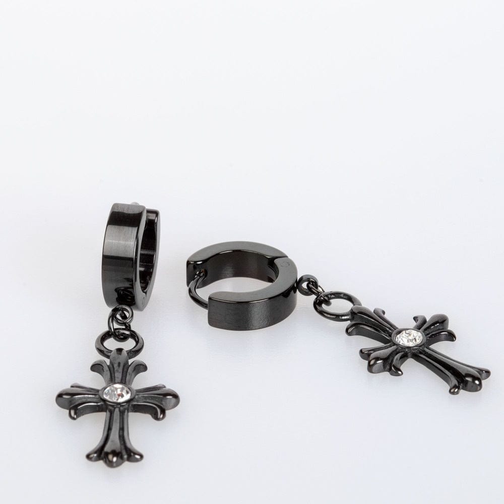 THE MEN THING Nose & Ear Ring Pair (Both Ears) CROSS CIRCLE BLACK - Titanium Steel Hoop Earrings for Men & Boys (2 Pcs)