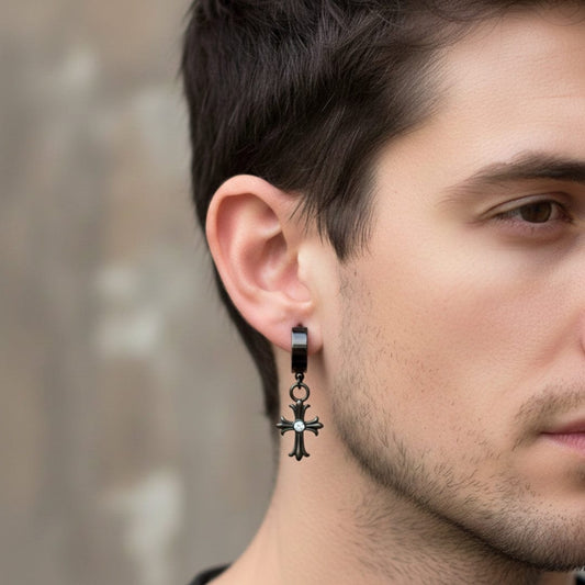 THE MEN THING Nose & Ear Ring Pair (Both Ears) CROSS CIRCLE BLACK - Titanium Steel Hoop Earrings for Men & Boys (2 Pcs)