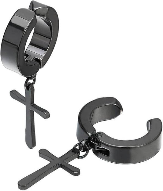 THE MEN THING Nose & Ear Ring Pair (Both Ears) DANGLING CROSS BLACK - Non-Piercing Pure Titanium Steel Earring for Men & Boys (2 Pcs)