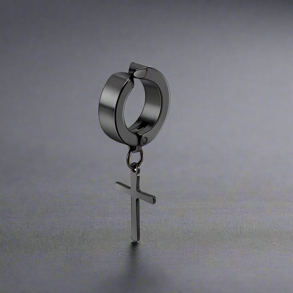 THE MEN THING Nose & Ear Ring Pair (Both Ears) DANGLING CROSS BLACK - Non-Piercing Pure Titanium Steel Earring for Men & Boys (2 Pcs)