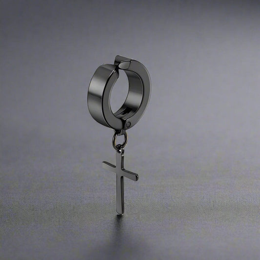 THE MEN THING Nose & Ear Ring Pair (Both Ears) DANGLING CROSS BLACK - Non-Piercing Pure Titanium Steel Earring for Men & Boys (2 Pcs)