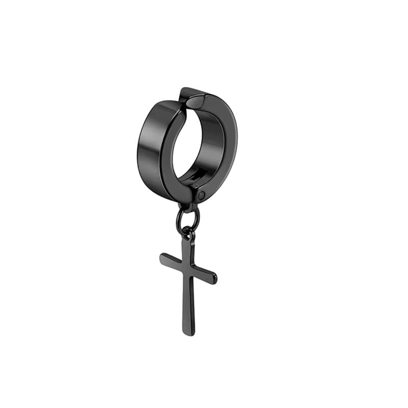 THE MEN THING Nose & Ear Ring Pair (Both Ears) DANGLING CROSS BLACK - Non-Piercing Pure Titanium Steel Earring for Men & Boys (2 Pcs)