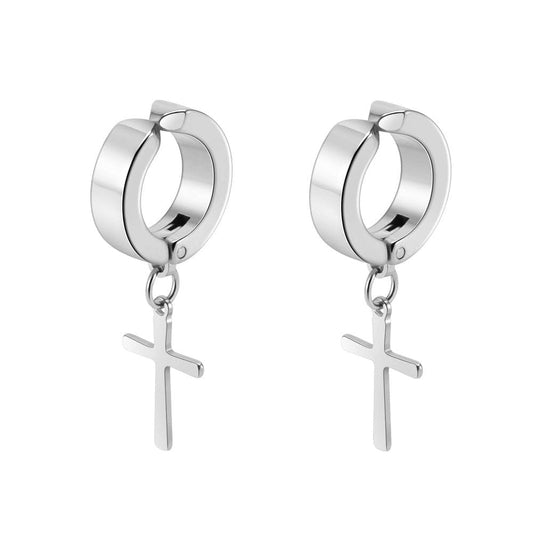THE MEN THING Nose & Ear Ring Pair (Both Ears) DANGLING CROSS SILVER - Non-Piercing Pure Titanium Steel Earring for Men & Boys (2 Pcs)