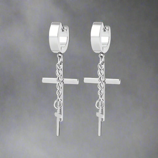 THE MEN THING Nose & Ear Ring Pair (Both Ears) DOUBLE CROSS NOIRCHAIN SILVER - Titanium Steel Hoop Earrings for Men & Boys (2 Pcs)