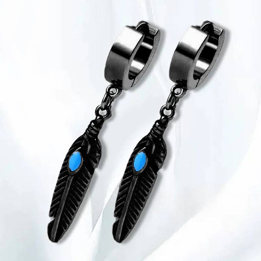 THE MEN THING Nose & Ear Ring Pair (Both Ears) FEATHER BLACK - Titanium Steel Hoop Earrings for Men & Boys (2 Pcs)