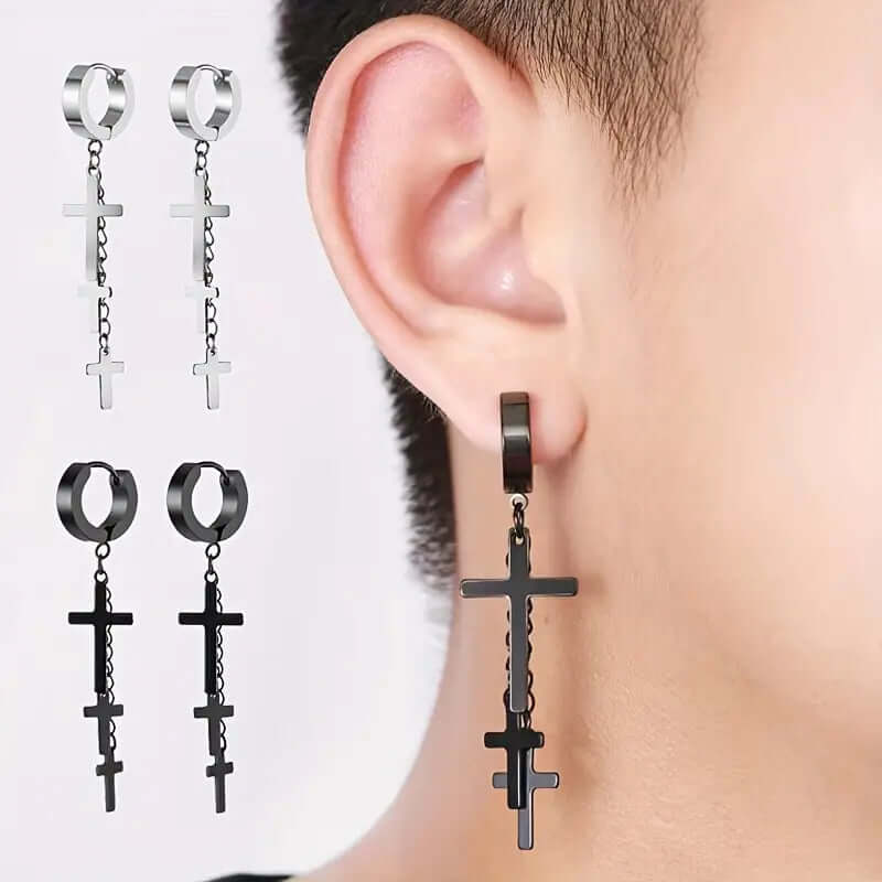 THE MEN THING Nose & Ear Ring Pair (Both Ears) FLARE CROSS BLACK - Titanium Steel Stud Earrings for Men & Boys (2 Pcs)