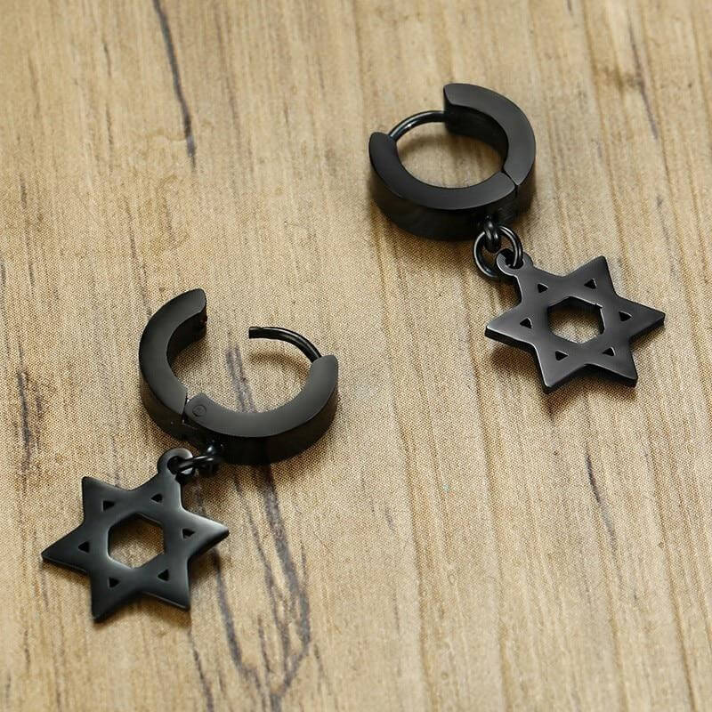 THE MEN THING Nose & Ear Ring Pair (Both Ears) HEXSTAR BLACK - Pure Titanium Steel Ear Hoop Earrings for Men & Boys (2 Pcs)