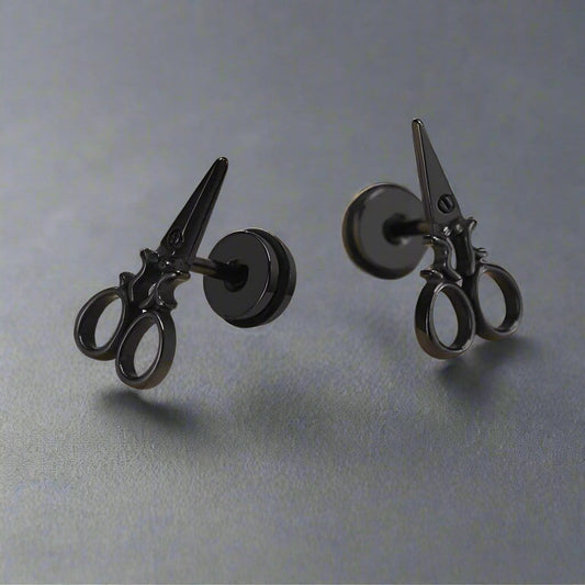 THE MEN THING Nose & Ear Ring Pair (Both Ears) SCISSORS STUDS BLACK - Pure Titanium Steel Piercing Ear Earrings for Men & Boys (2 Pcs)